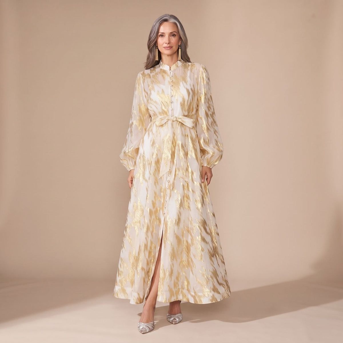 Penelope | Women's Metallic Puff-Sleeve Button-Front Maxi Dress