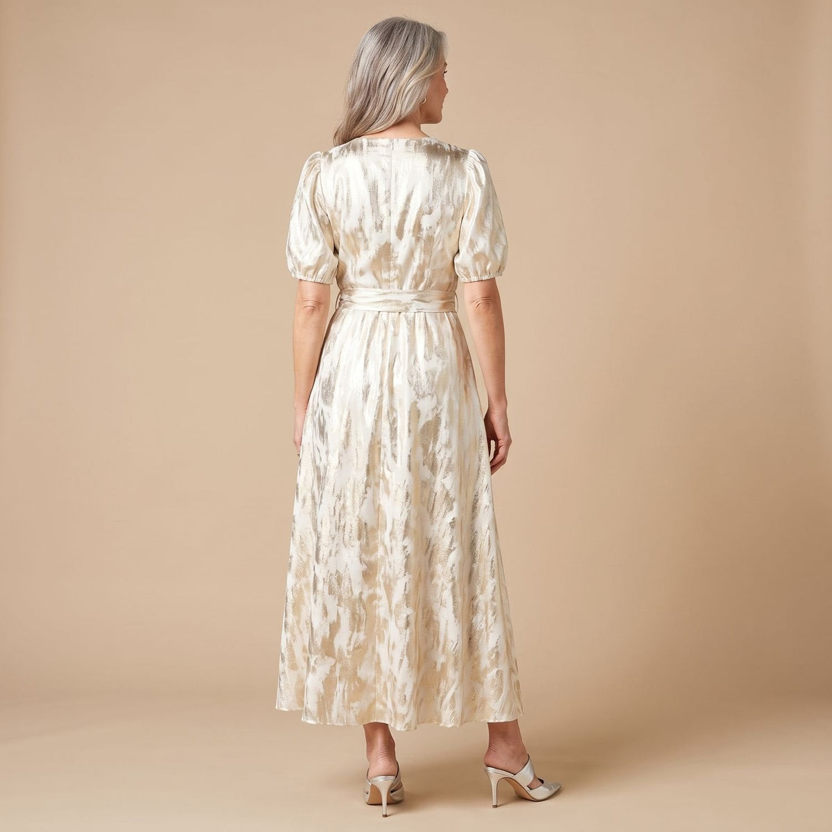 Penelope | Women's Metallic Puff-Sleeve Button-Front Maxi Dress
