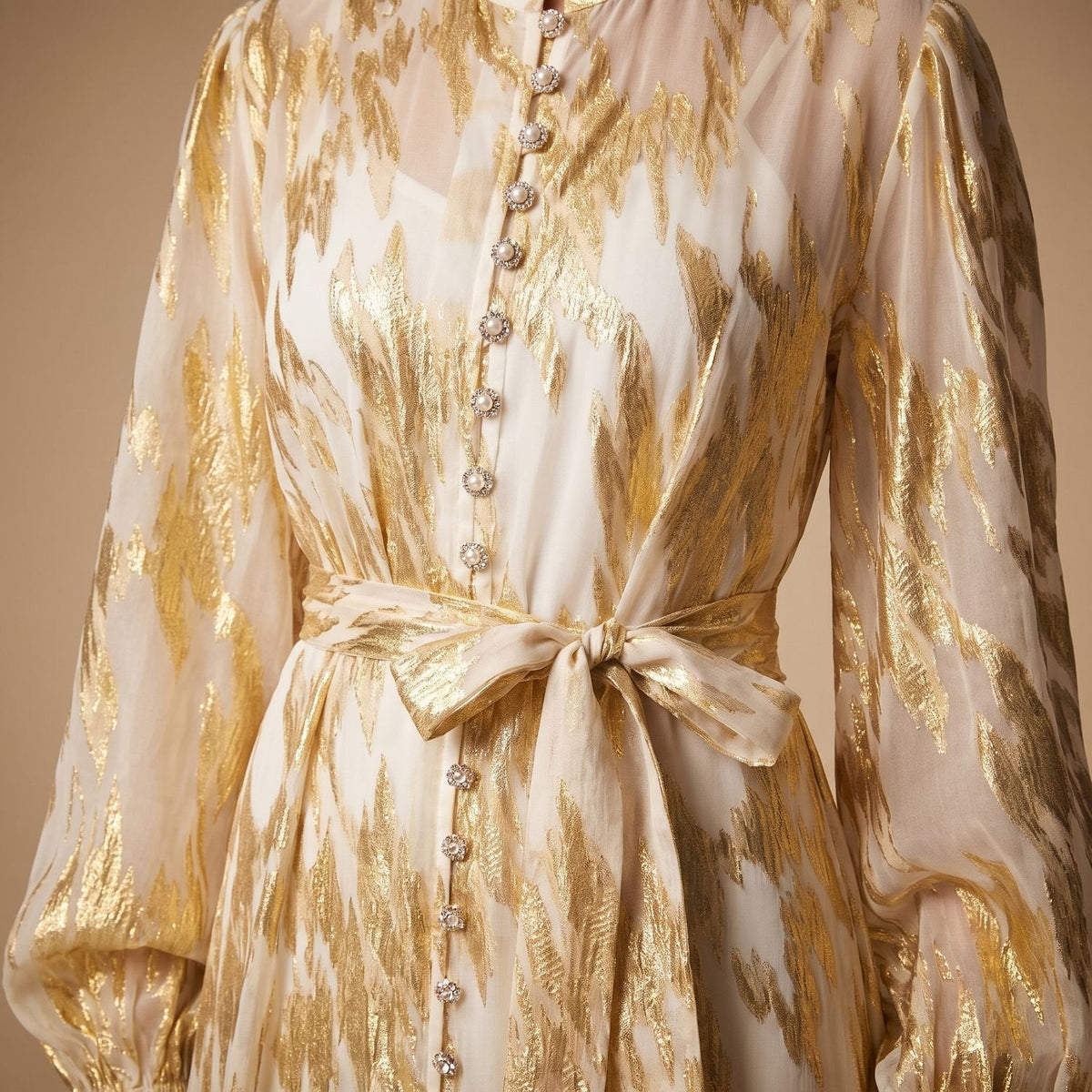 Penelope | Women's Metallic Puff-Sleeve Button-Front Maxi Dress
