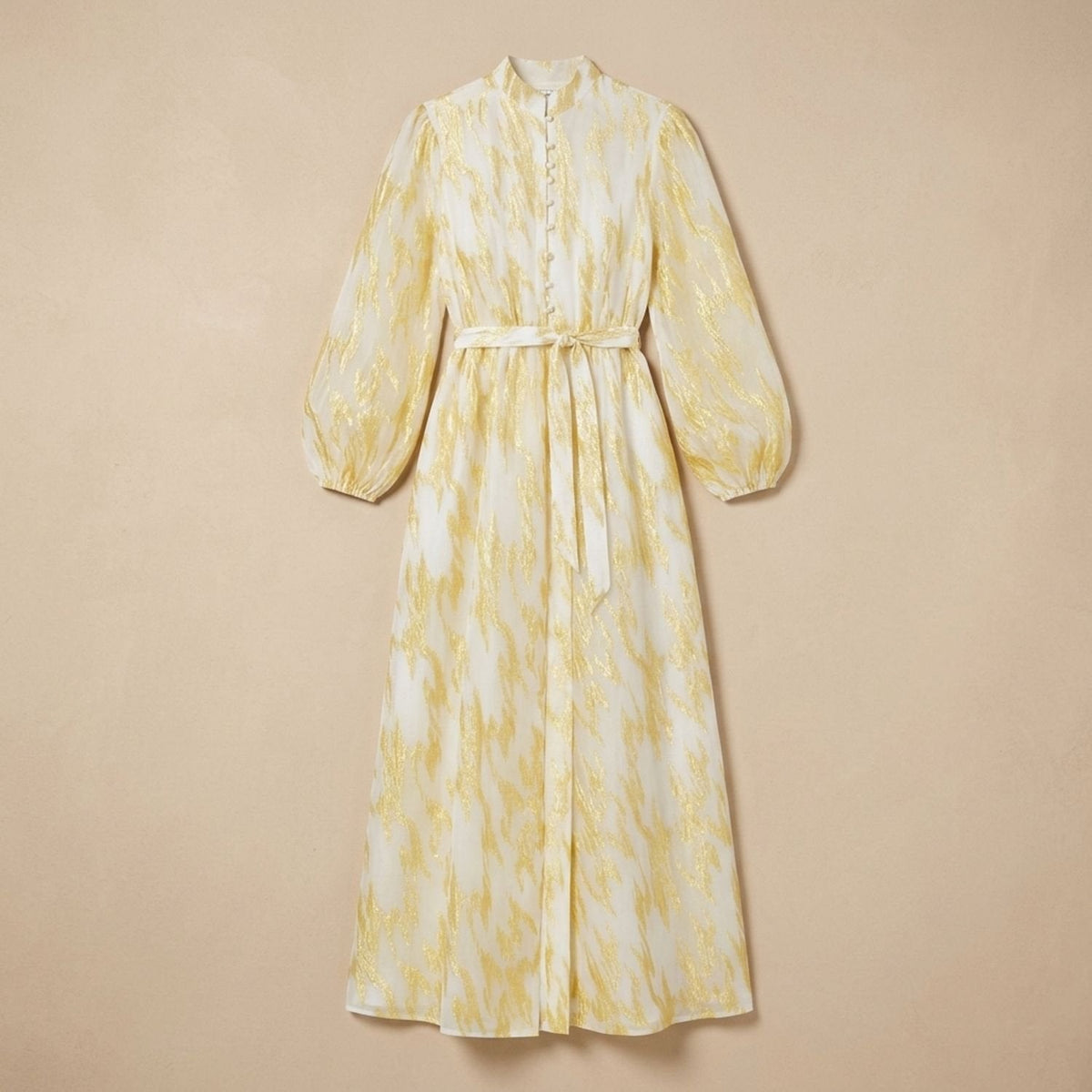 Penelope | Women's Metallic Puff-Sleeve Button-Front Maxi Dress