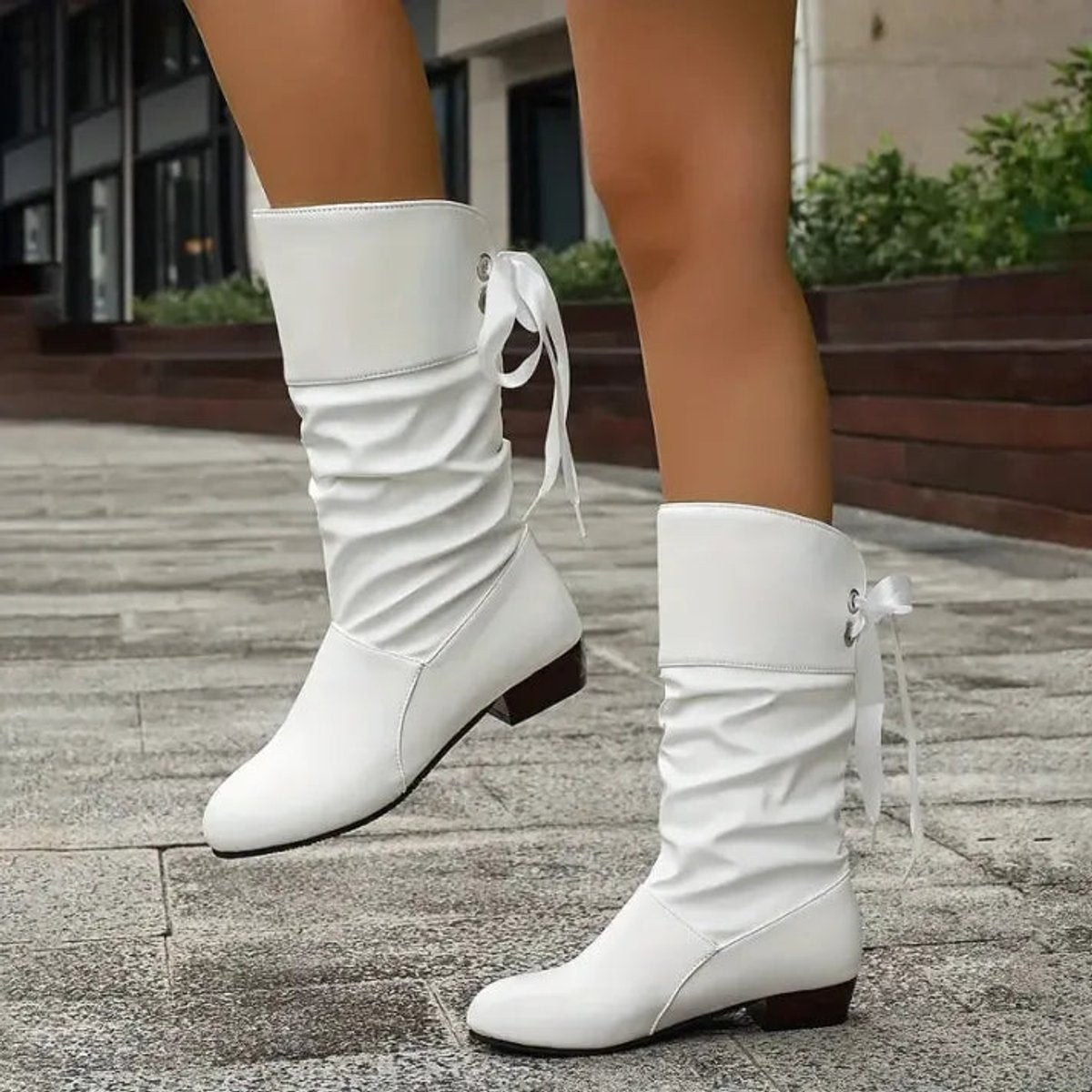 Women's Slouchy Boots in Faux Leather | Back Lace Up Ribbon, Low Block Heel, Mid Calf Shaft | 3 Colors