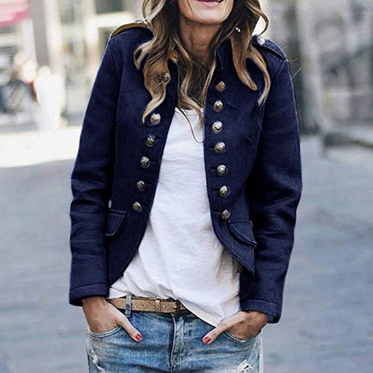 Women's Military Stand-Collar Button-Front Blazer Jacket