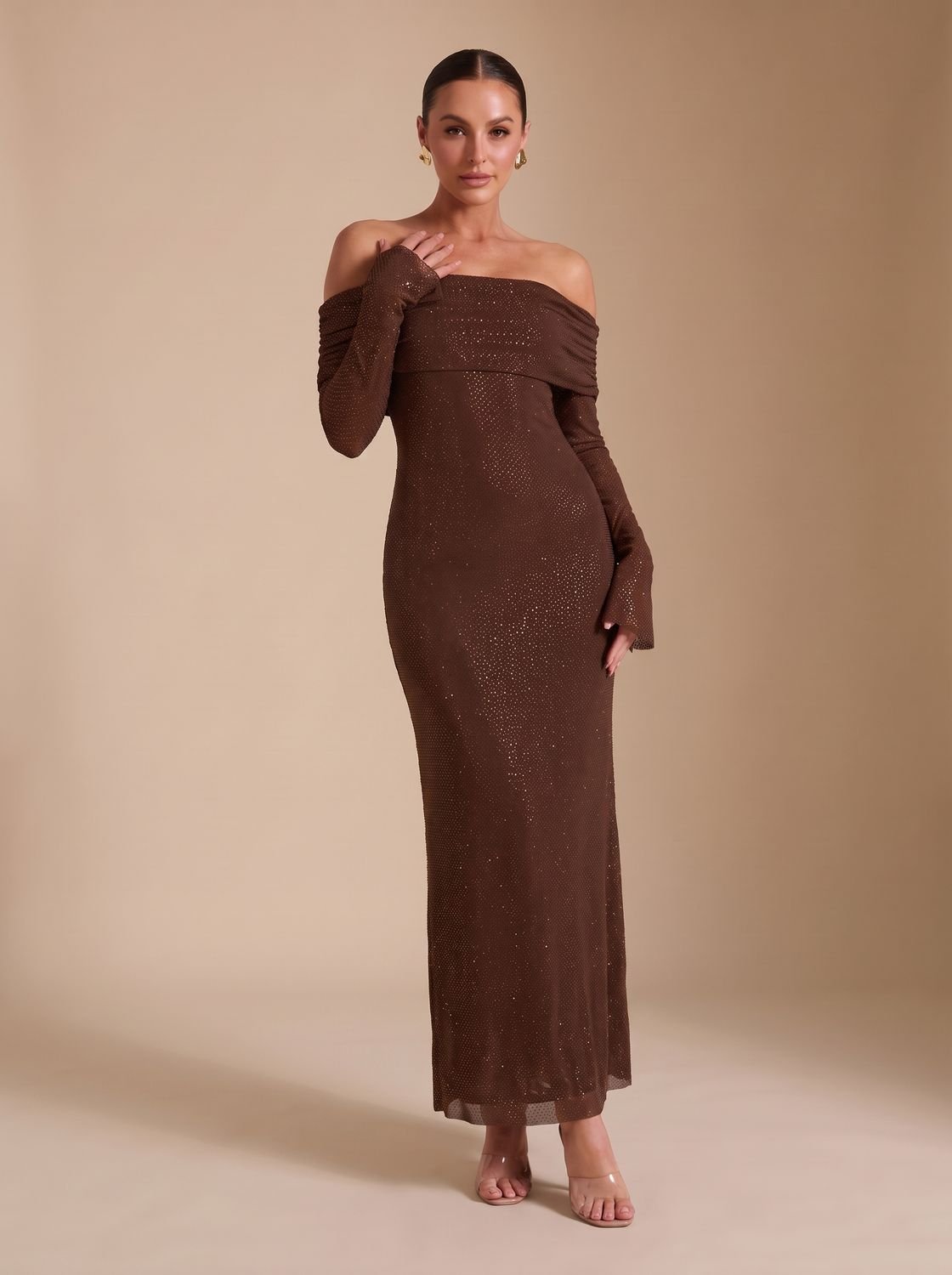 Harper | Women's Off-Shoulder Sequin Maxi Dress Long-Sleeve Fitted