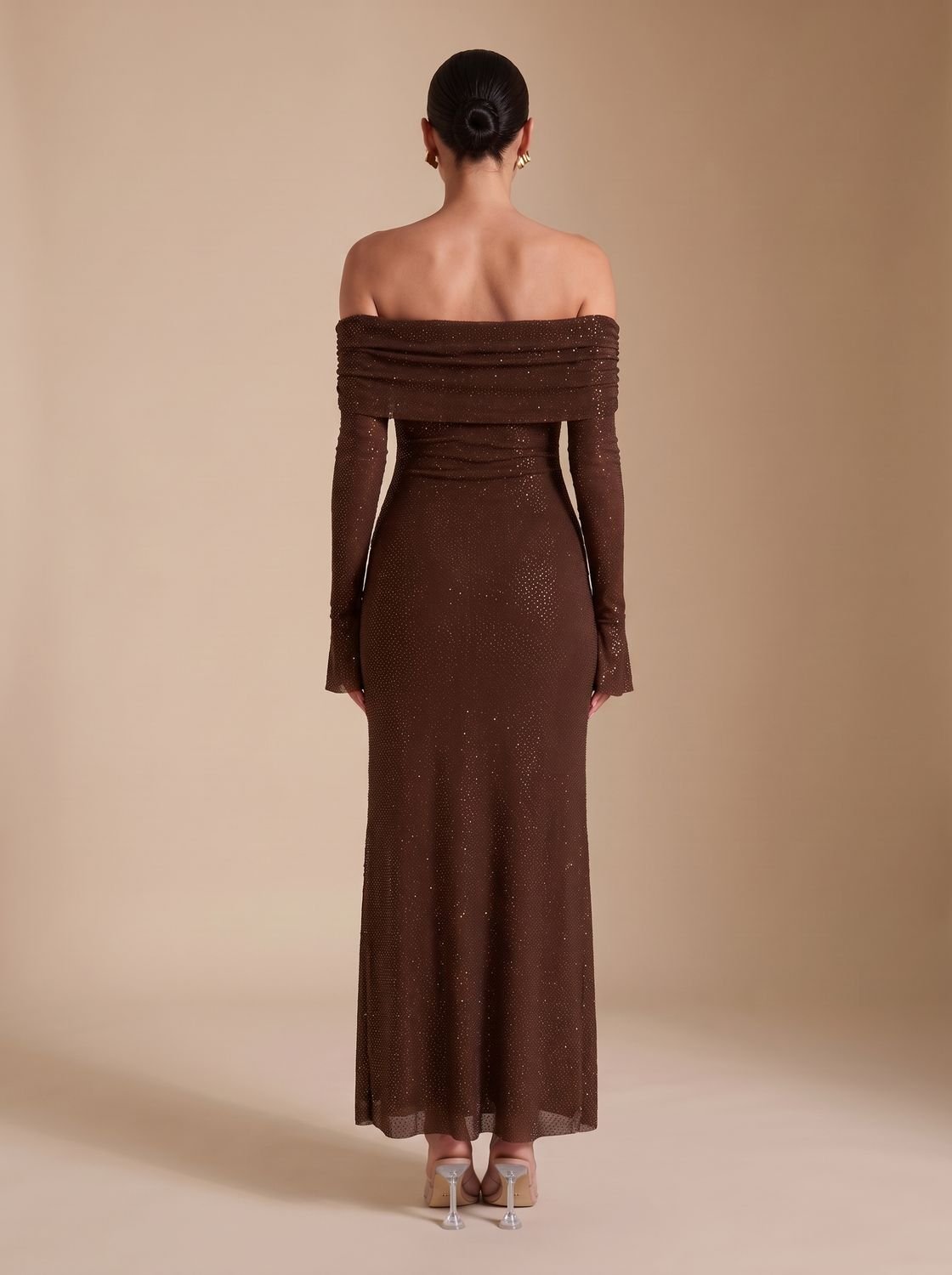 Harper | Women's Off-Shoulder Sequin Maxi Dress Long-Sleeve Fitted