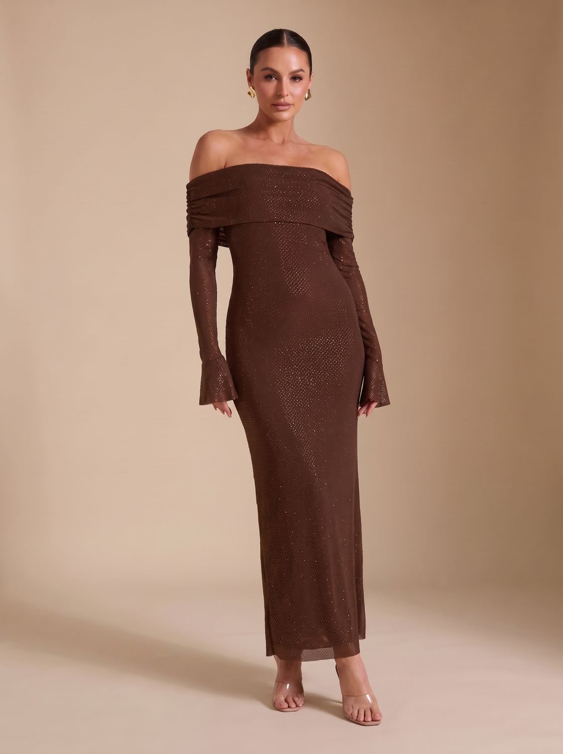 Harper | Women's Off-Shoulder Sequin Maxi Dress Long-Sleeve Fitted