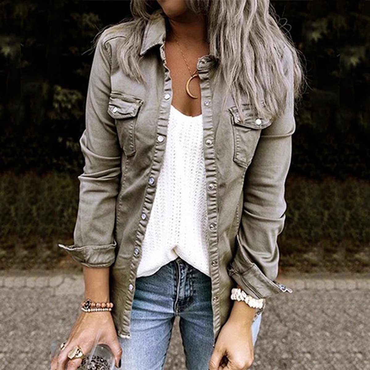 Women's Olive Green Button-Up Slim-Fit Denim Jacket