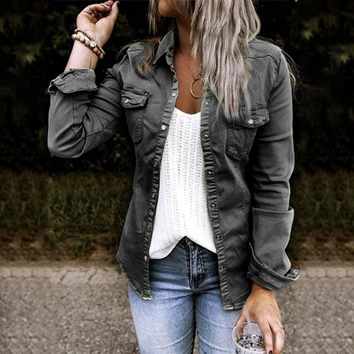 Women's Olive Green Button-Up Slim-Fit Denim Jacket