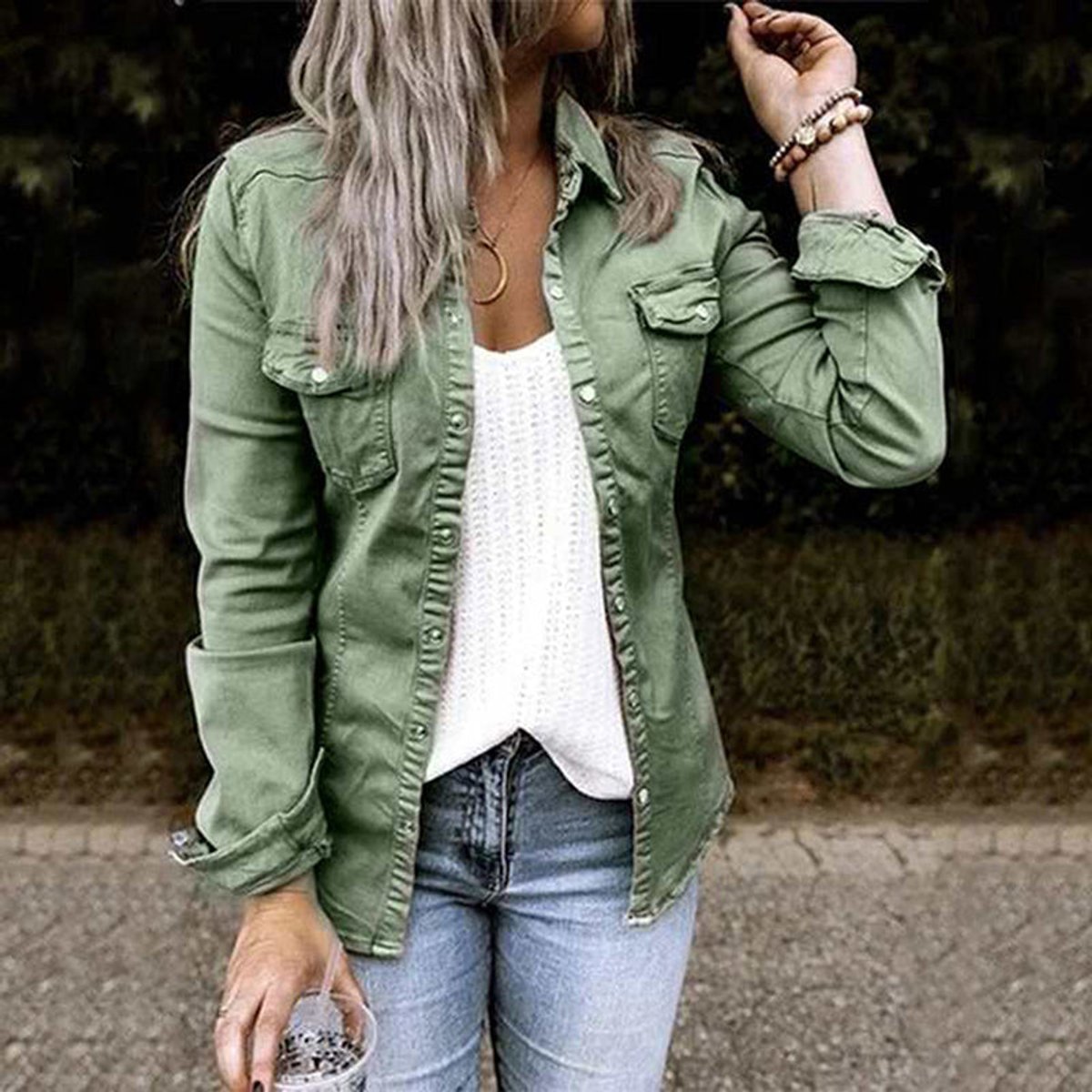 Women's Olive Green Button-Up Slim-Fit Denim Jacket