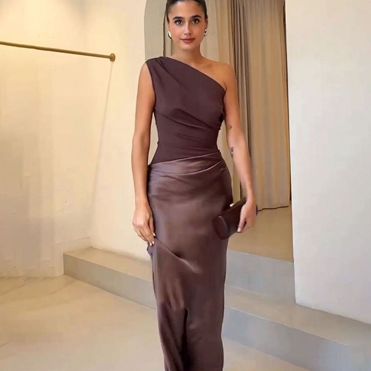 Women's One-Shoulder Ruched Satin Maxi Dress