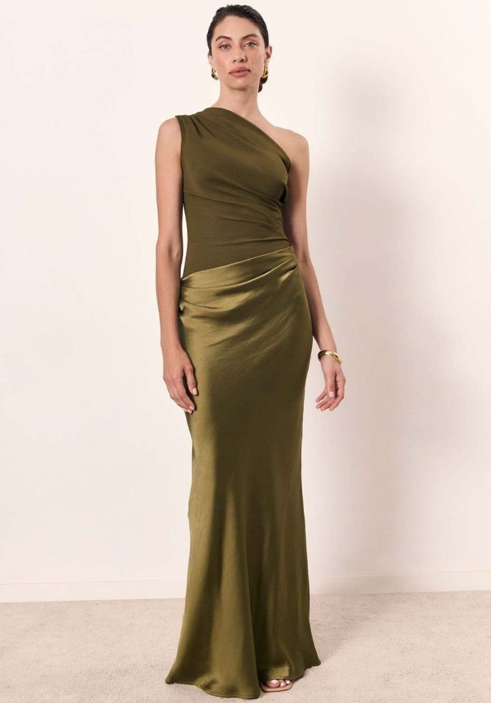 Women's One-Shoulder Ruched Satin Maxi Dress