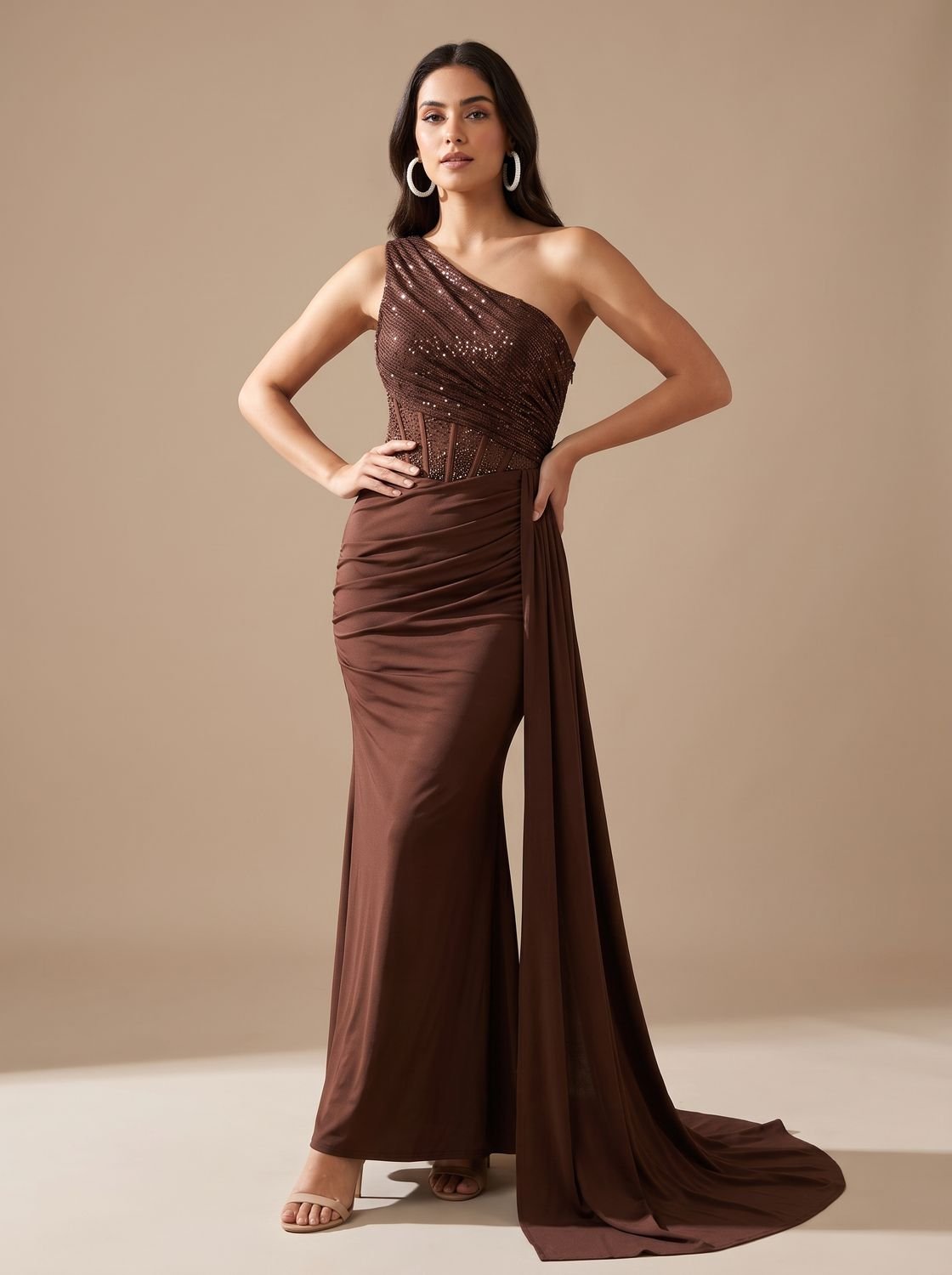 Eleanor | Women's One-Shoulder Sequin Embellished Draped Mermaid Maxi Gown