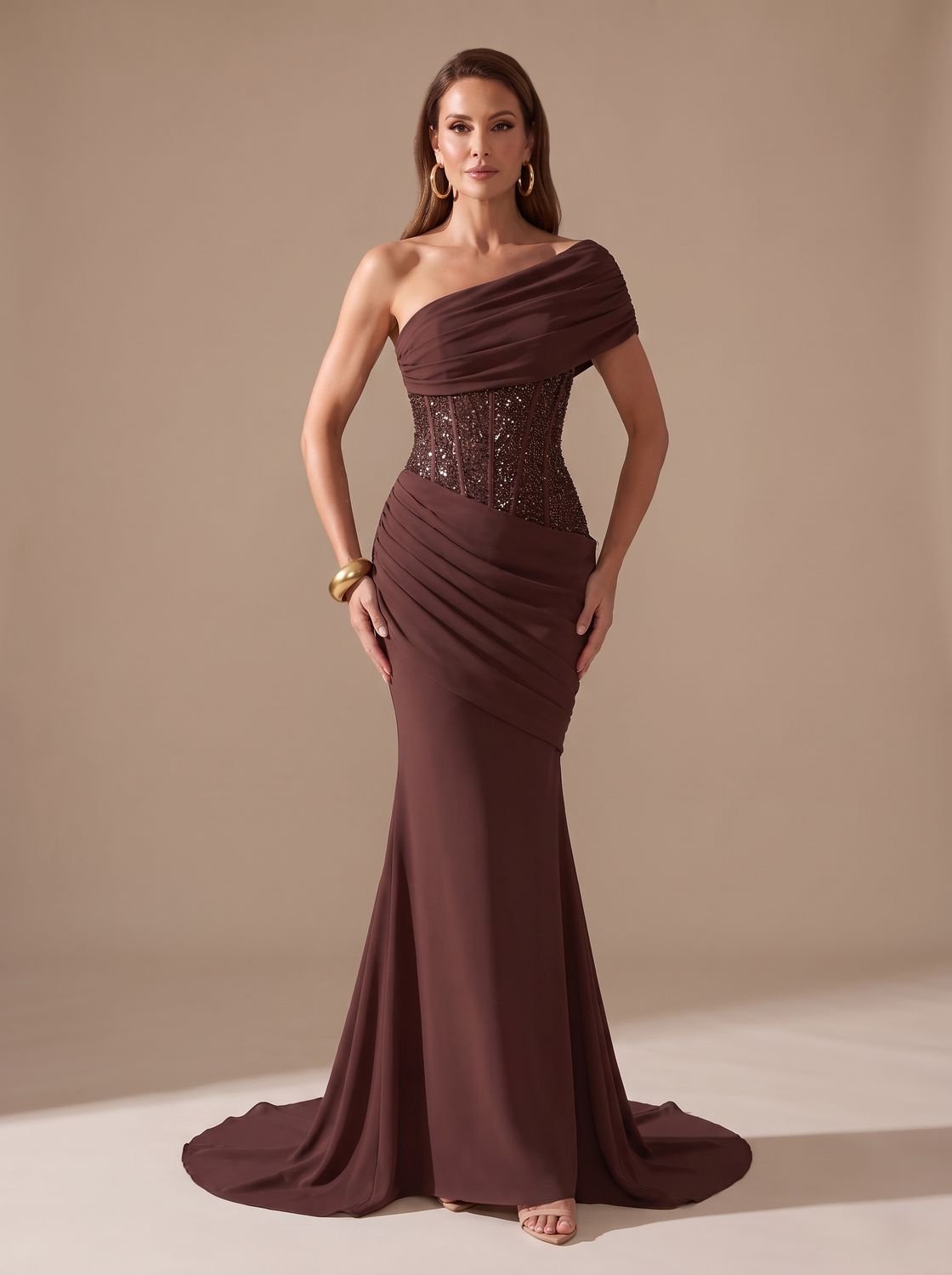 Eleanor | Women's One-Shoulder Sequin Embellished Draped Mermaid Maxi Gown