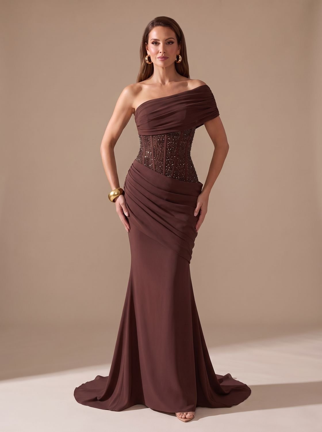 Eleanor | Women's One-Shoulder Sequin Embellished Draped Mermaid Maxi Gown
