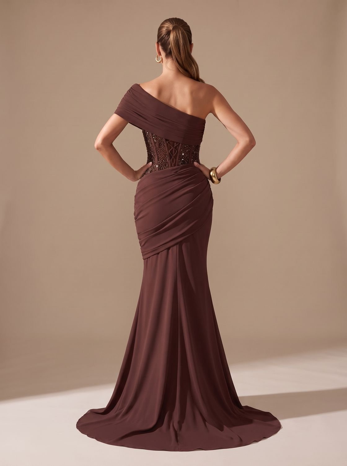 Eleanor | Women's One-Shoulder Sequin Embellished Draped Mermaid Maxi Gown