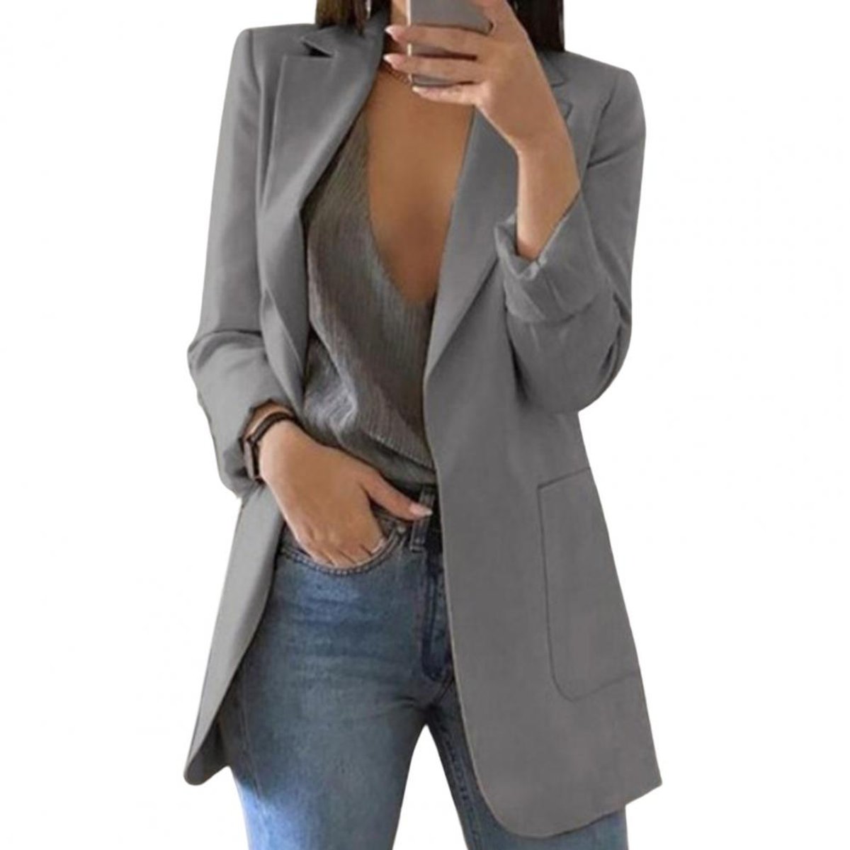 Women's Open-Front Long-Sleeve Longline Blazer Large Pockets
