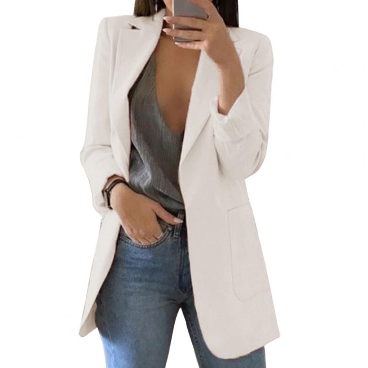 Women's Open-Front Long-Sleeve Longline Blazer Large Pockets