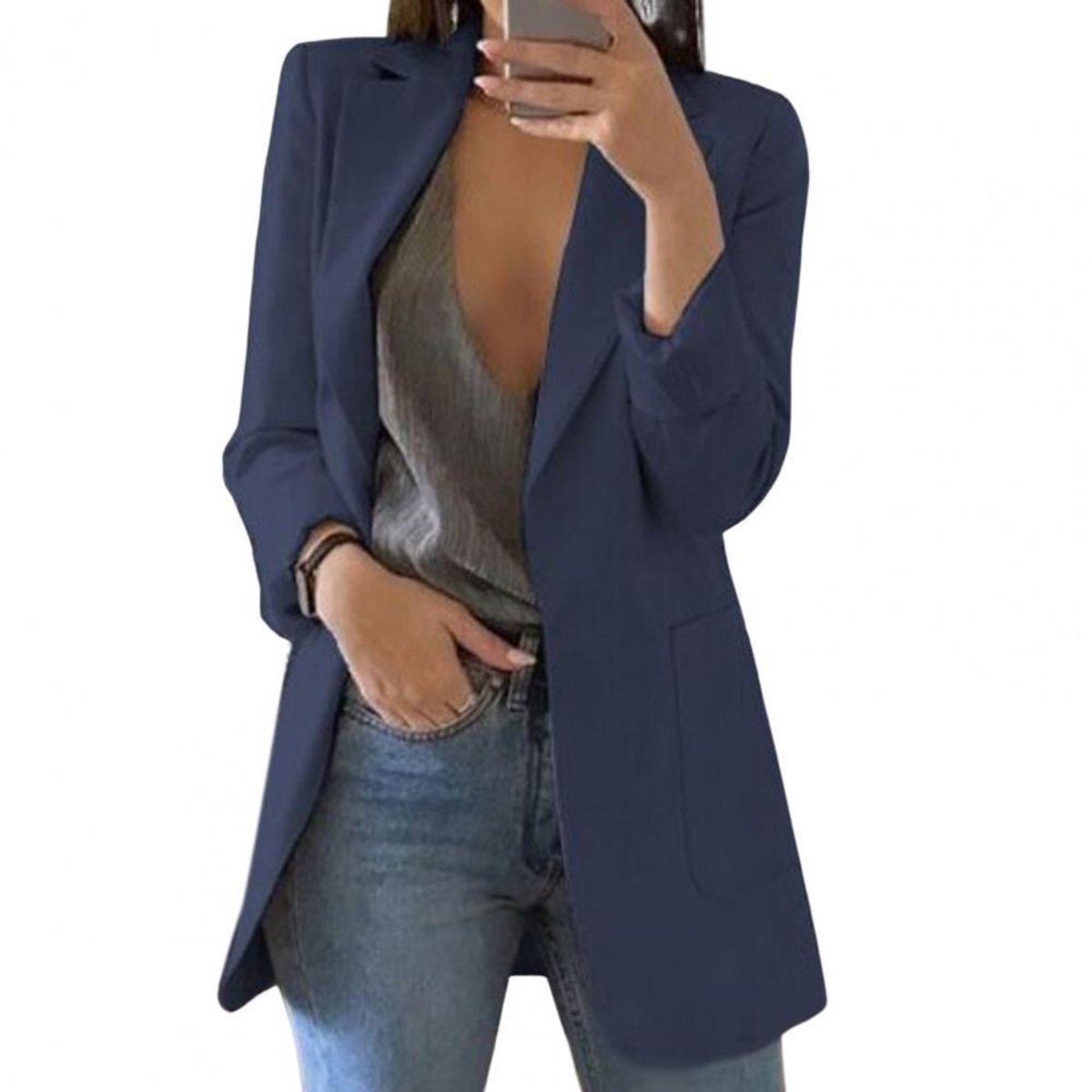 Women's Open-Front Long-Sleeve Longline Blazer Large Pockets