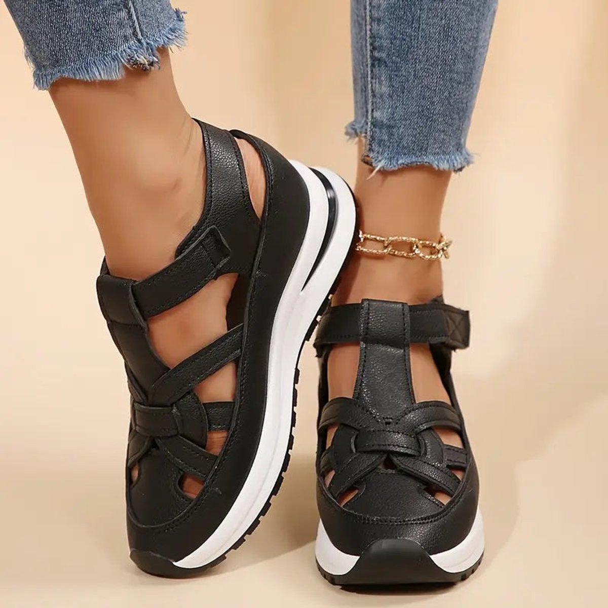Women's Orthopedic Cutout Platform Hook-and-Loop Sandals