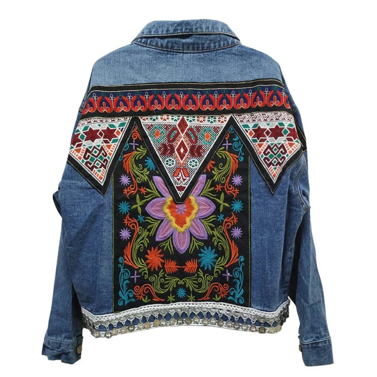 Women's Oversized Boho Embroidered Denim Jacket