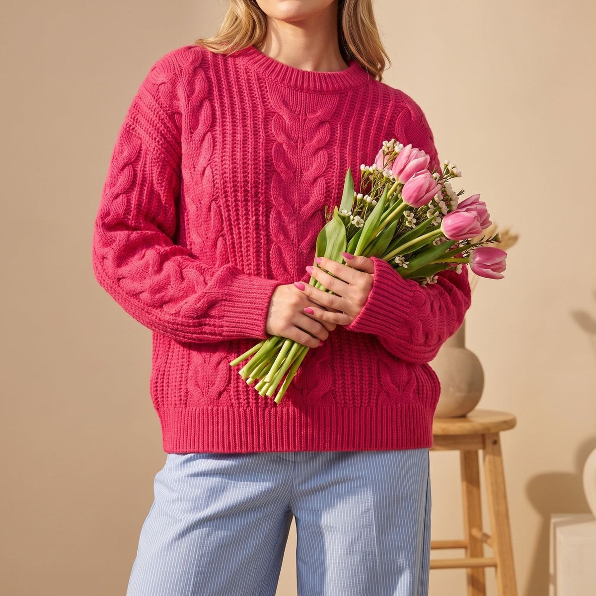 Harper | Women's Oversized Cable-Knit Chunky Crew Neck Sweater