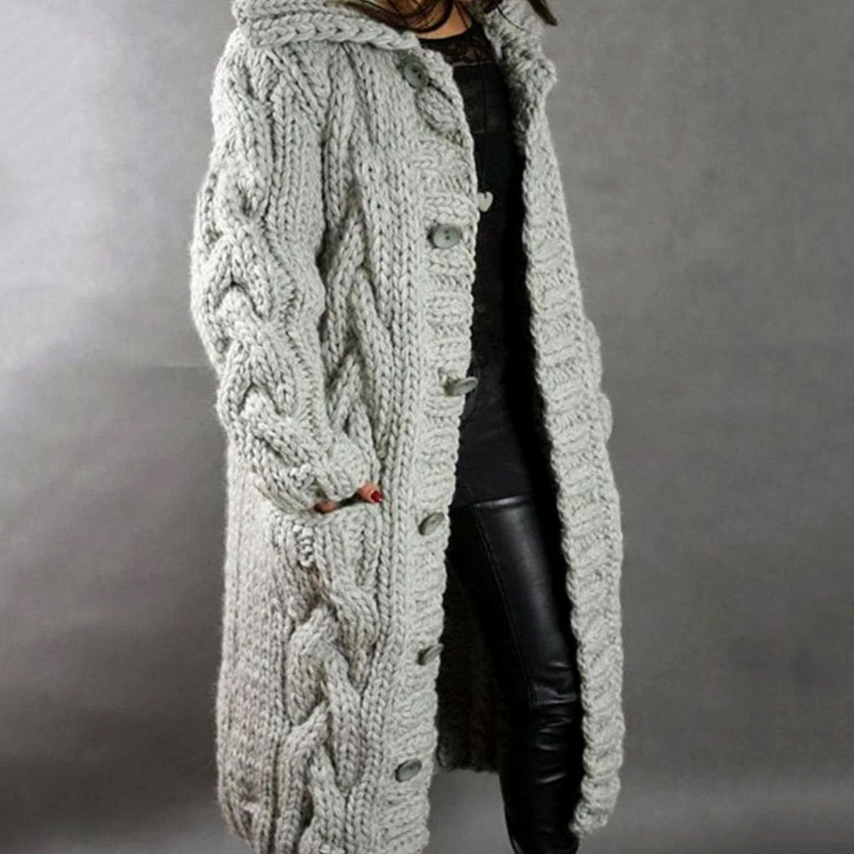Women's Oversized Cable Knit Hooded Button Cardigan Long Coat