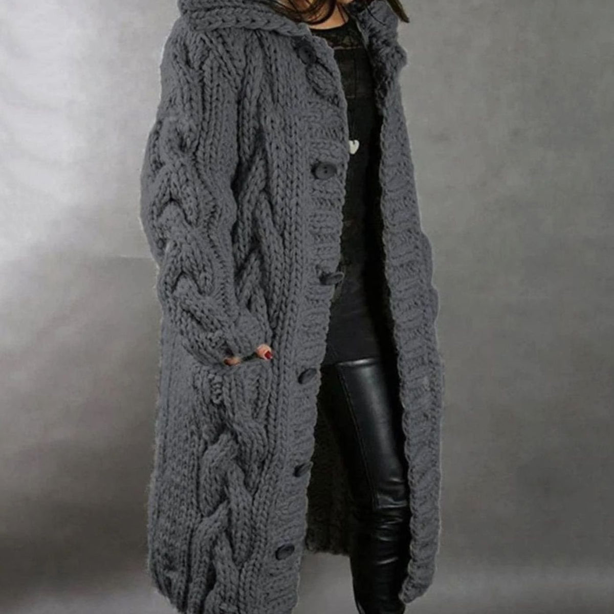 Women's Oversized Cable Knit Hooded Button Cardigan Long Coat