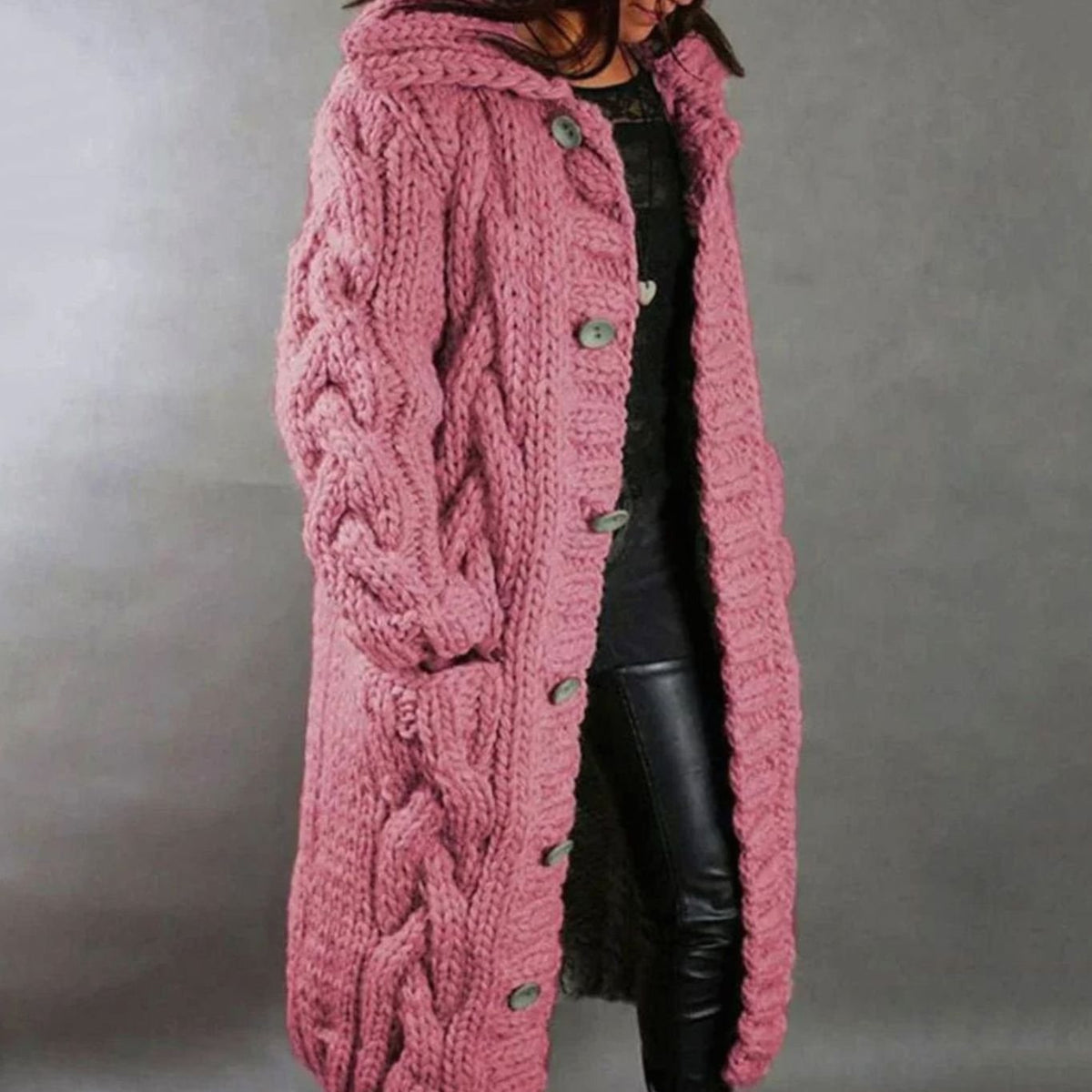 Women's Oversized Cable Knit Hooded Button Cardigan Long Coat