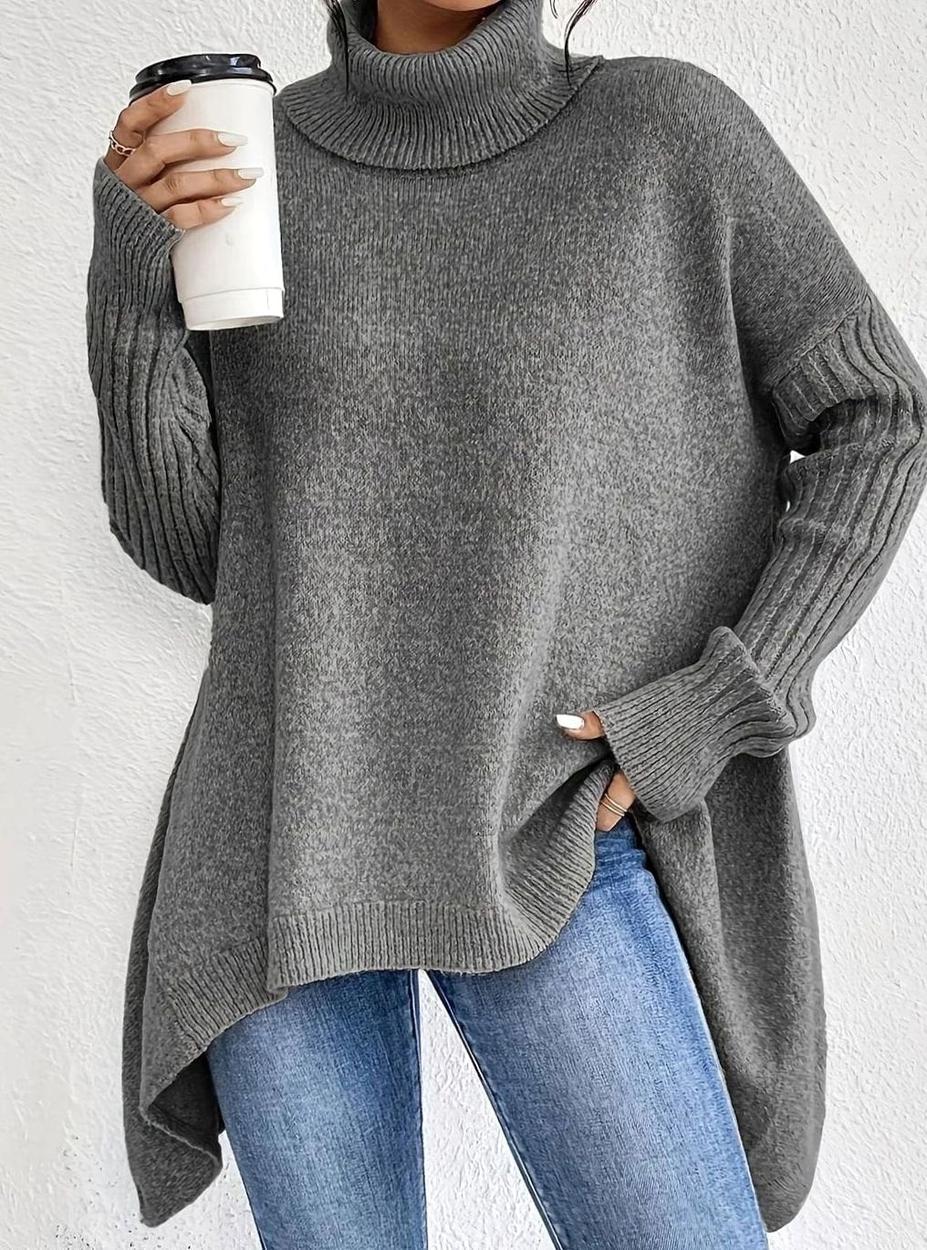 Women's Oversized Cashmere Turtleneck Asymmetric Hem Sweater