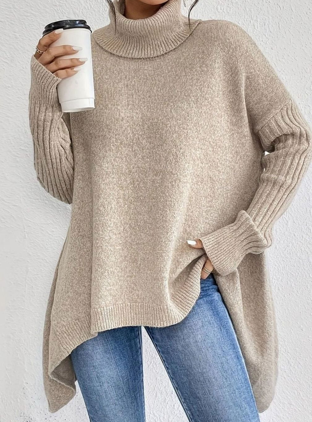 Women's Oversized Cashmere Turtleneck Asymmetric Hem Sweater