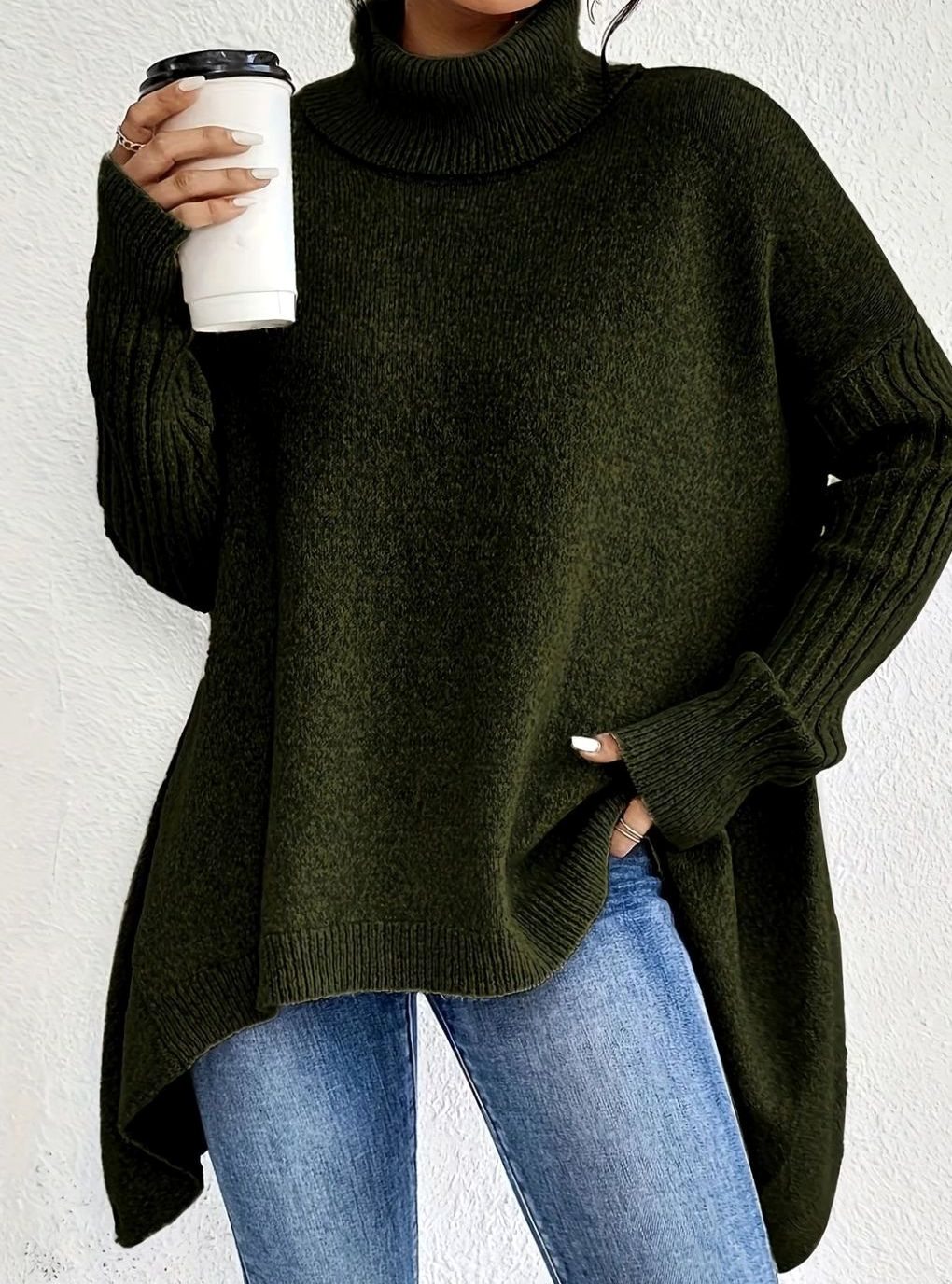Women's Oversized Cashmere Turtleneck Asymmetric Hem Sweater