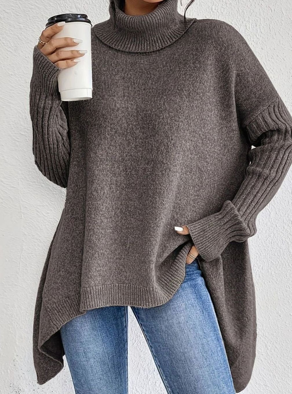 Women's Oversized Cashmere Turtleneck Asymmetric Hem Sweater