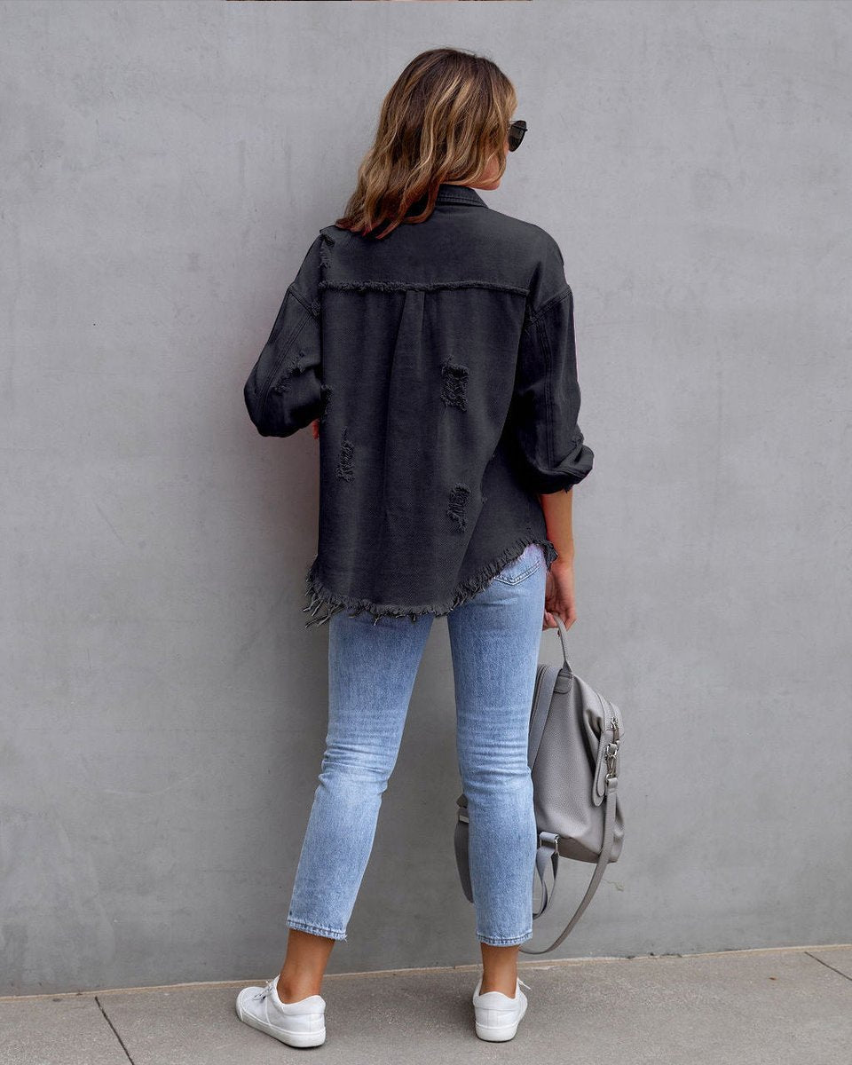 Women's Oversized Distressed Button-Up Denim Jacket Shacket