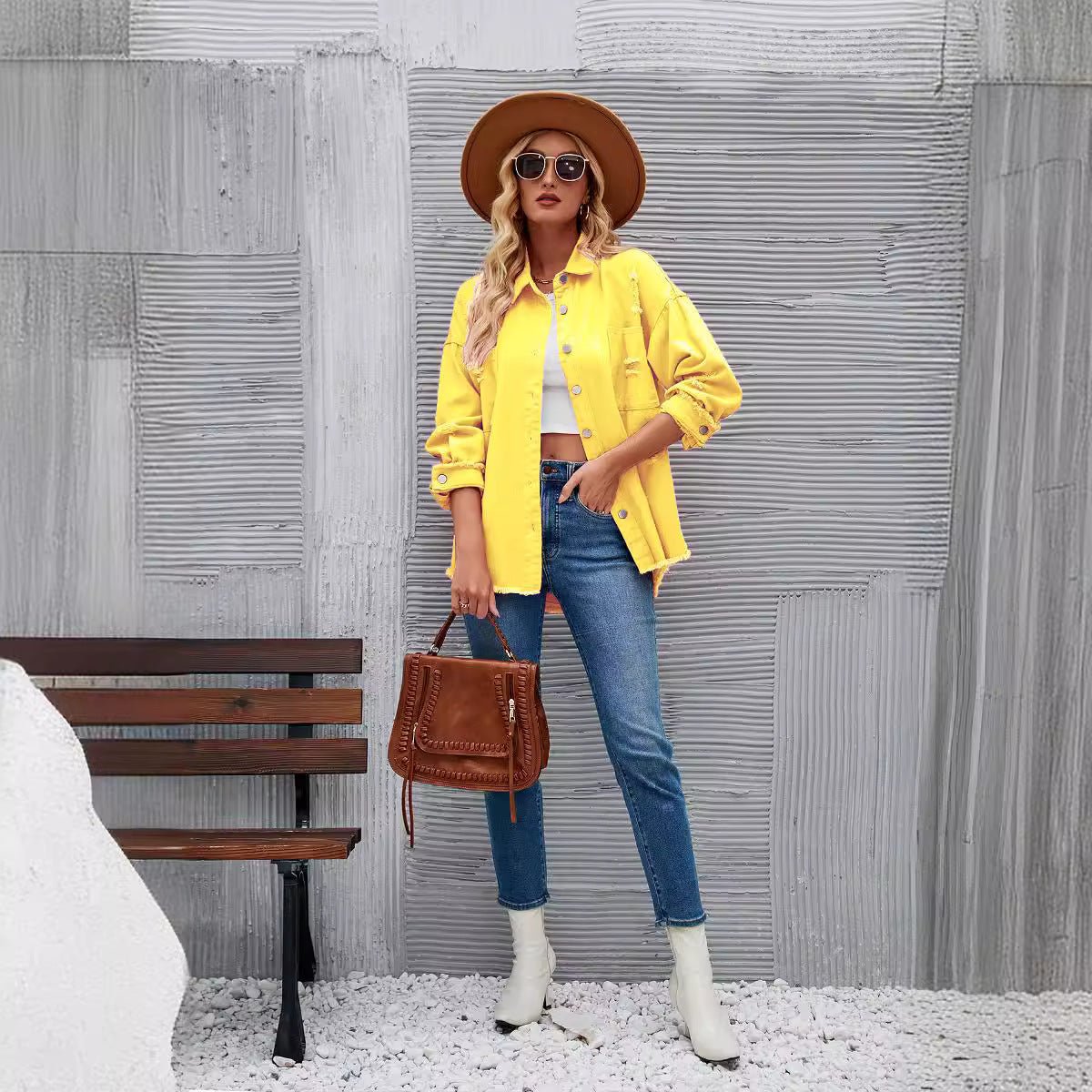 Women's Oversized Distressed Raw-Hem Denim Jacket Shacket