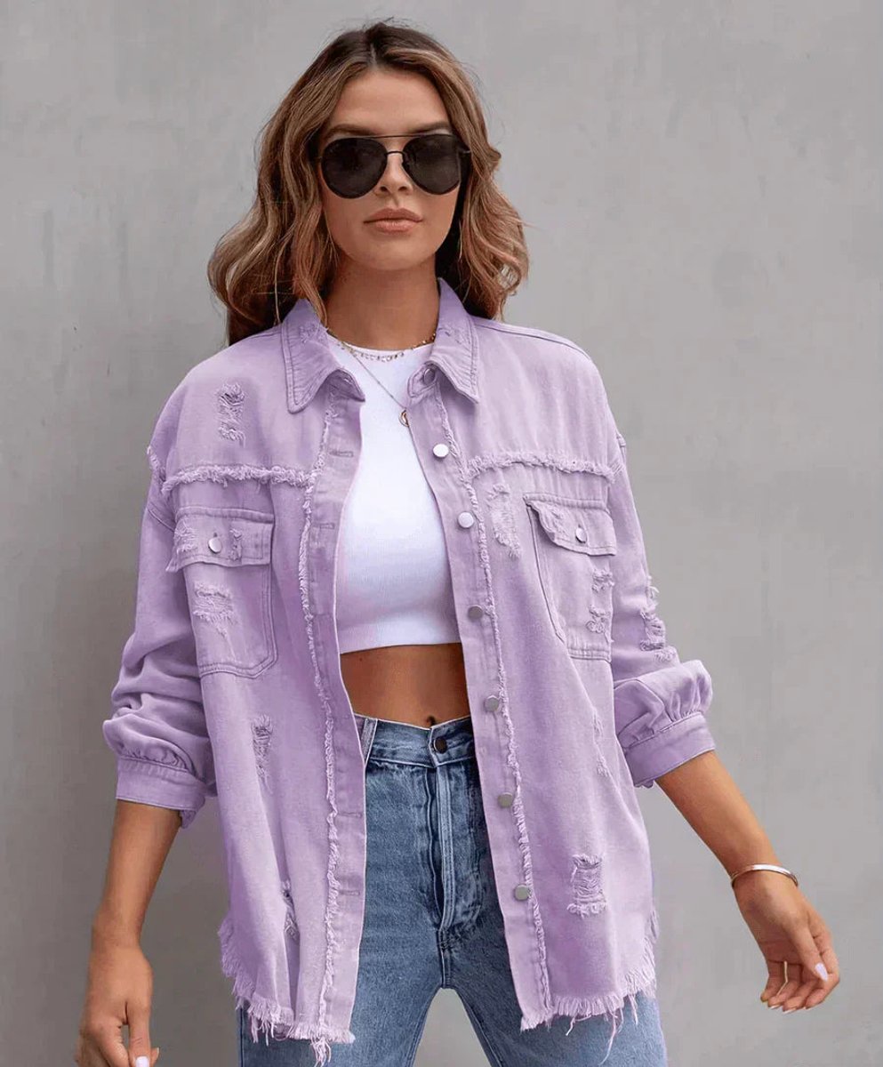 Women's Oversized Distressed Ripped Denim Jacket Shacket
