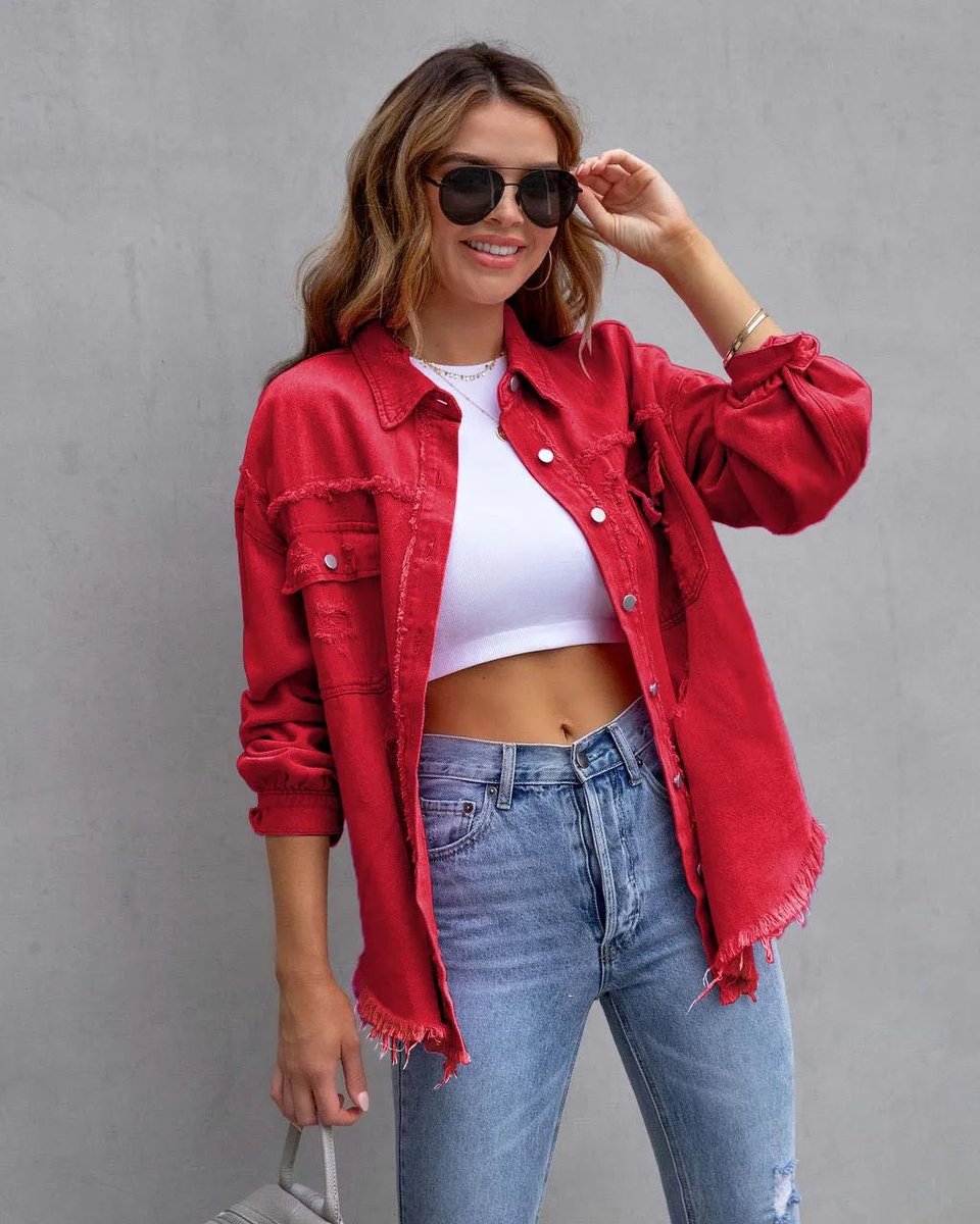 Women's Oversized Distressed Ripped Denim Jacket Shacket