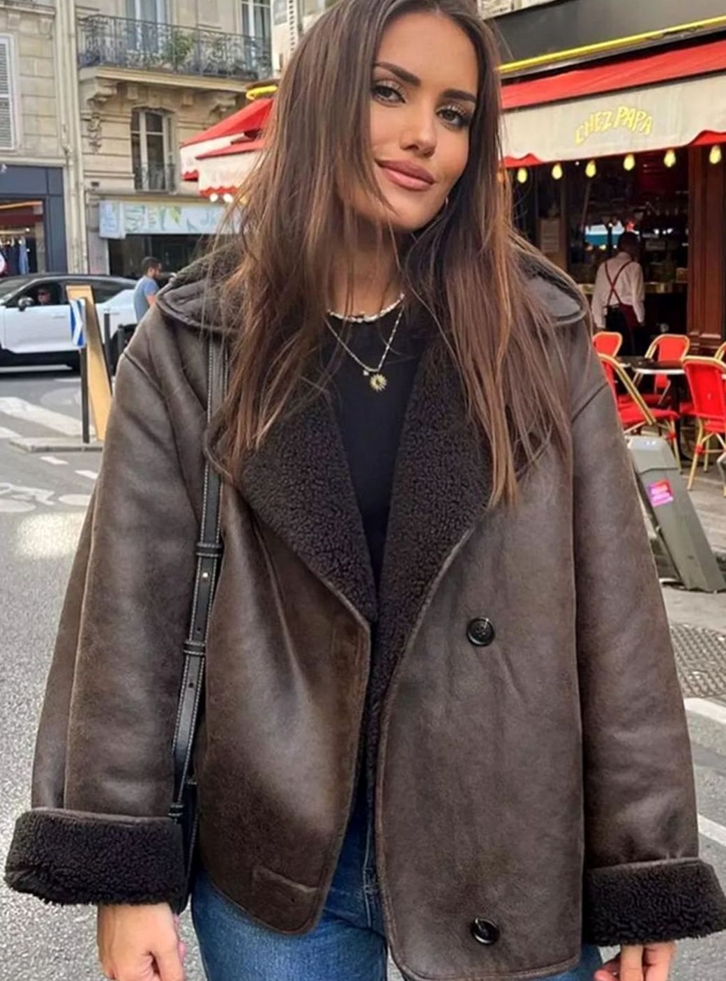 Women's Oversized Double-Breasted Jacket Shearling-Lined Suede