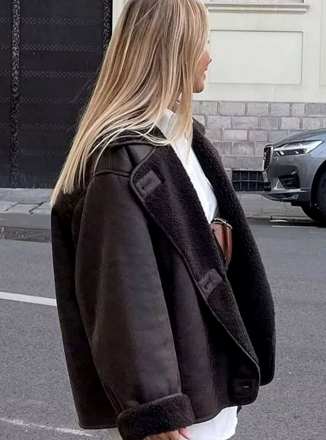 Women's Oversized Double-Breasted Jacket Shearling-Lined Suede