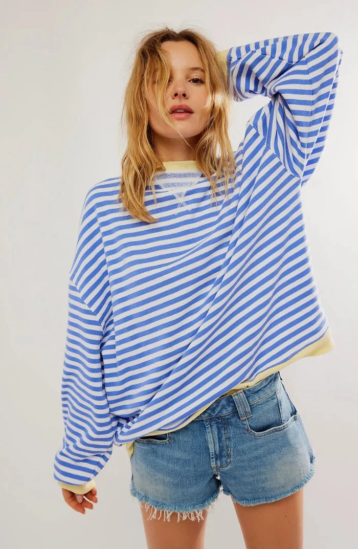 Women's oversized drop-shoulder striped contrast-trim sweatshirt