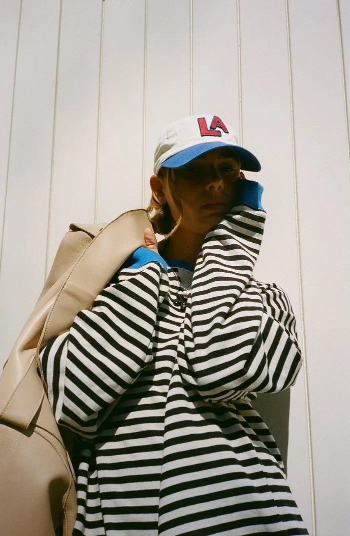 Women's oversized drop-shoulder striped contrast-trim sweatshirt