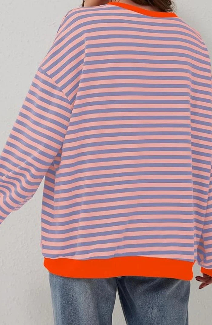 Women's oversized drop-shoulder striped contrast-trim sweatshirt