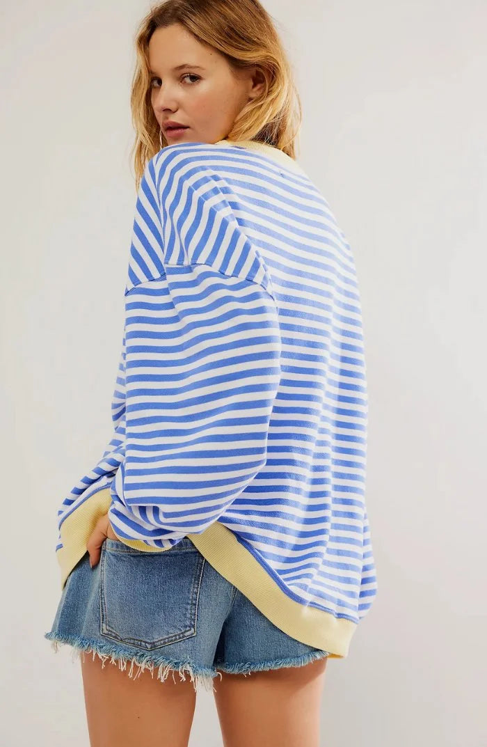 Women's oversized drop-shoulder striped contrast-trim sweatshirt