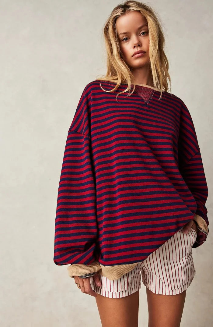 Women's oversized drop-shoulder striped contrast-trim sweatshirt