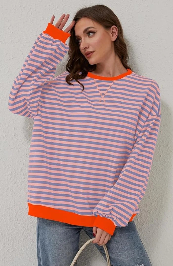Women's oversized drop-shoulder striped contrast-trim sweatshirt