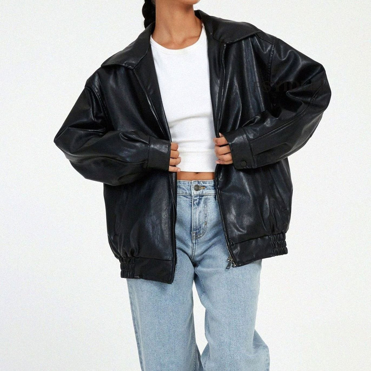 Women's Oversized Faux Leather Zip-Up Trendy Jacket