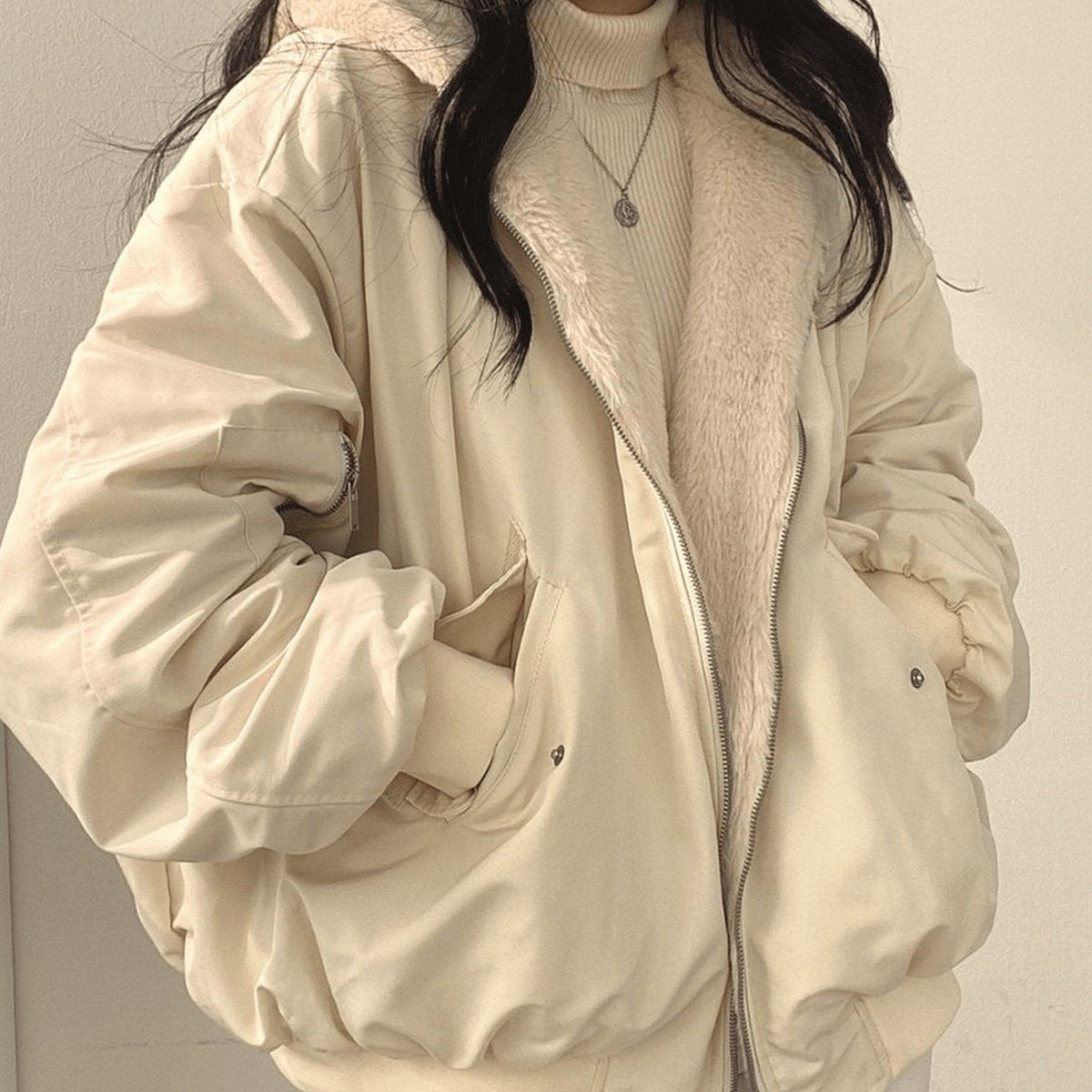Women's Oversized Fleece-Lined Zip-Up Winter Jacket