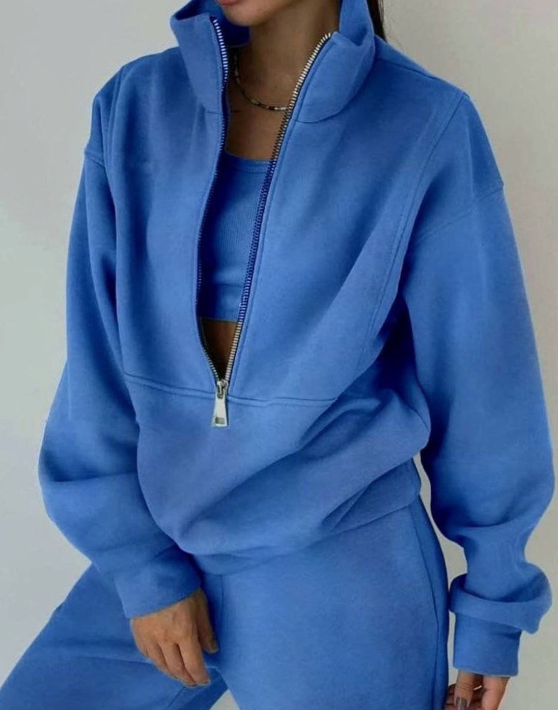 Women's Oversized Half-Zip Pullover High-Waist Jogger Two-Piece Set