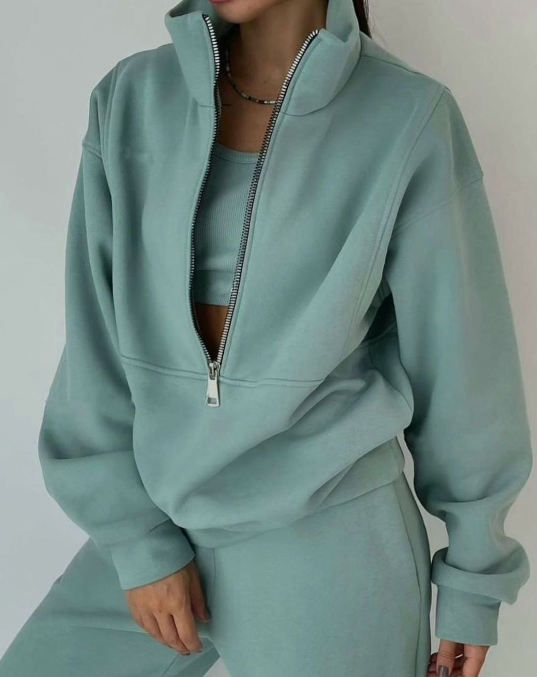 Women's Oversized Half-Zip Pullover High-Waist Jogger Two-Piece Set