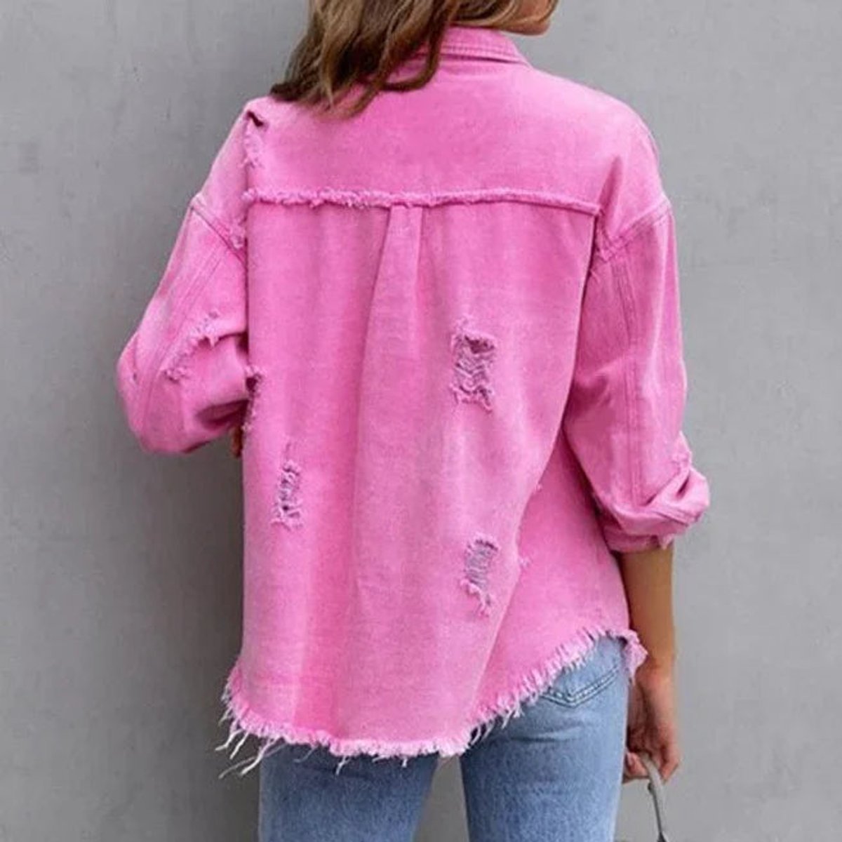 Women's Oversized Raw-Hem Distressed Denim Jacket
