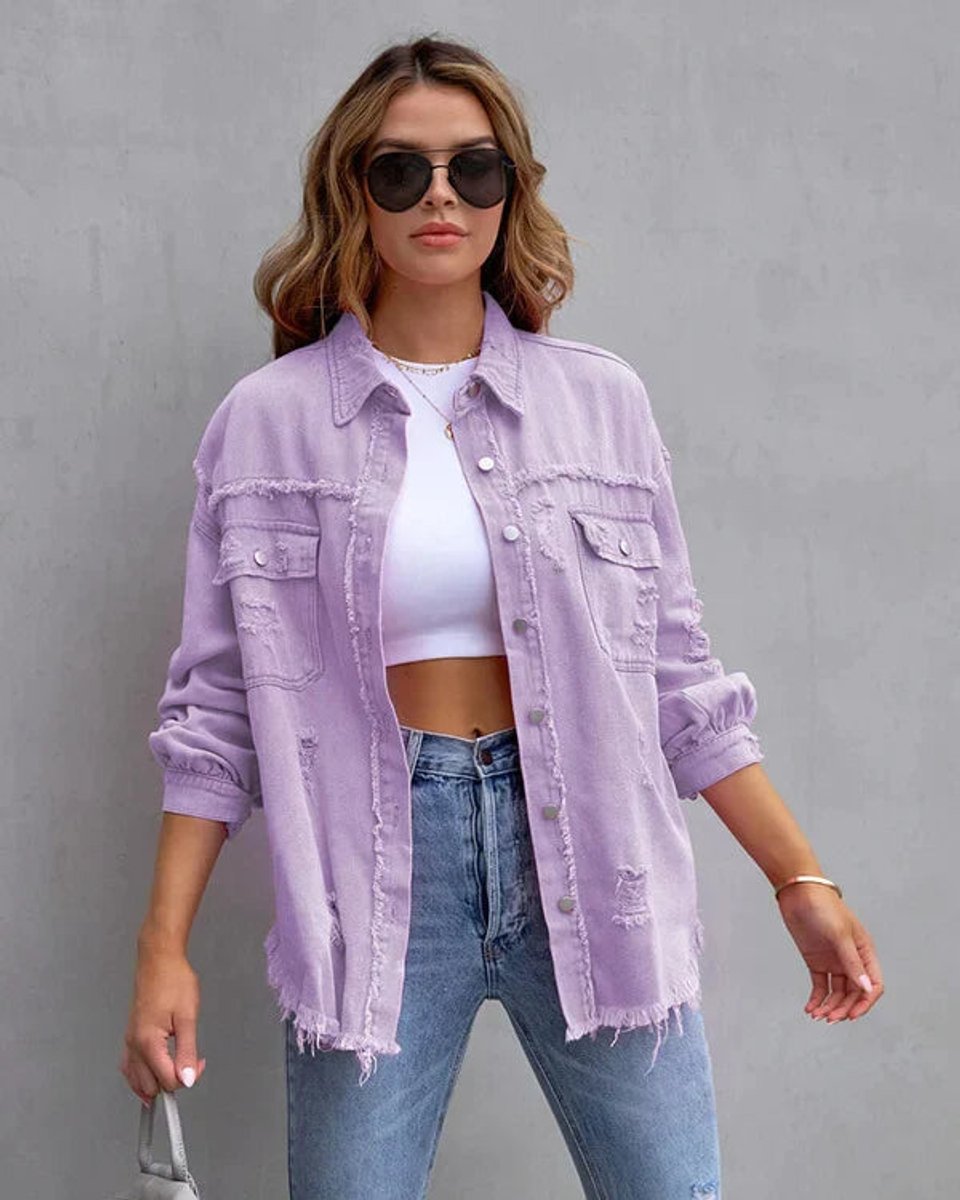 Women's Oversized Raw-Hem Distressed Denim Jacket