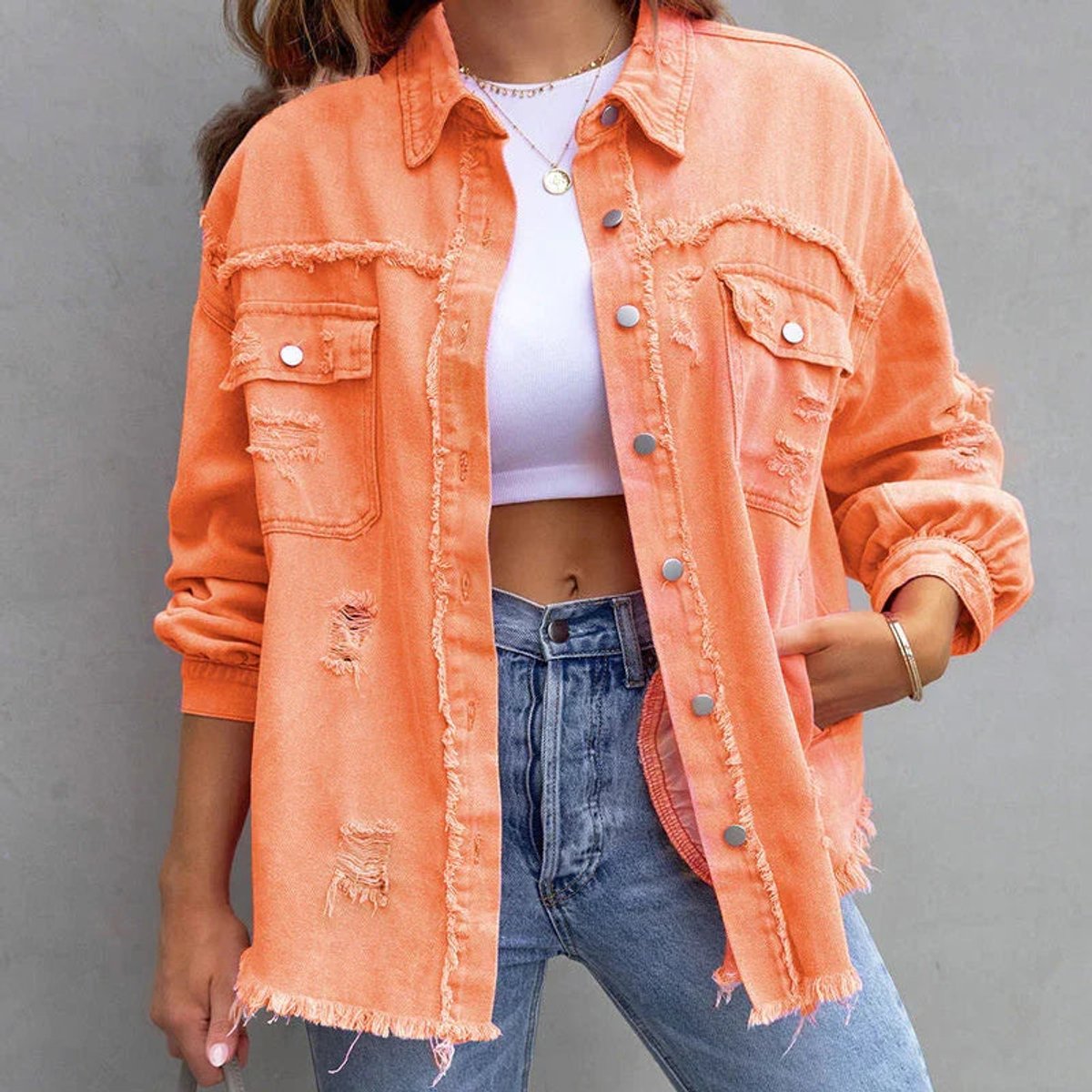 Women's Oversized Raw-Hem Distressed Denim Jacket